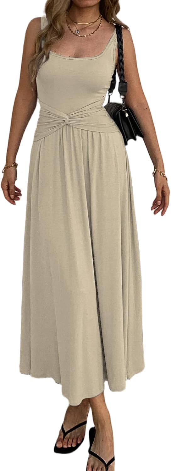 Mieazom Women's Summer Mock Knot Front Maxi Dress Sleeveless Square Neck Corset Ruched Waist Emipre Flowly Casual Dresses