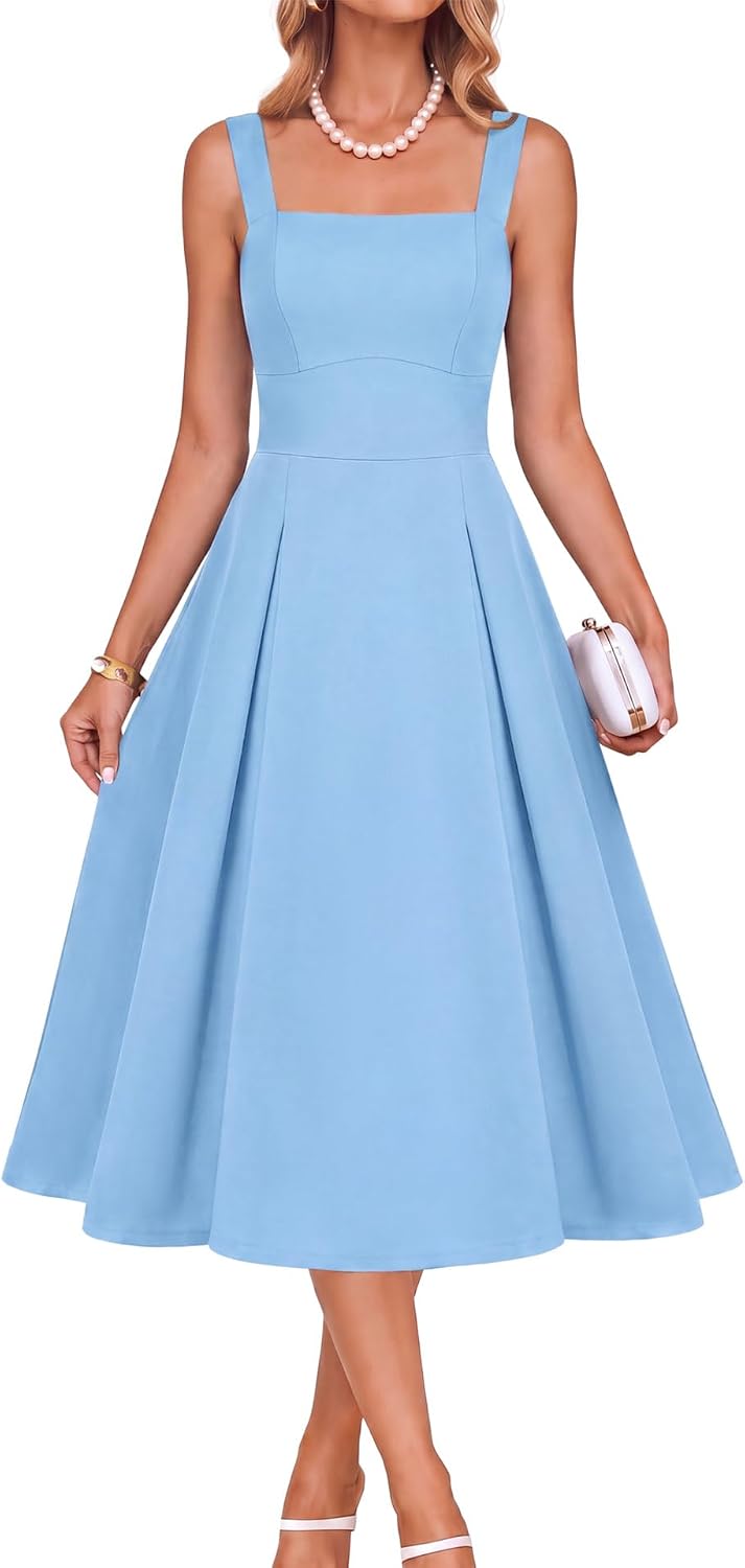 Belle Poque Womens Midi Dress Square Neck Wedding Guest Dresses | A Line, Pockets, Pleated, Fit and Flare, Semi Formal Elegant Dress for Cocktail, Party, Birthday, Date Night, Holiday