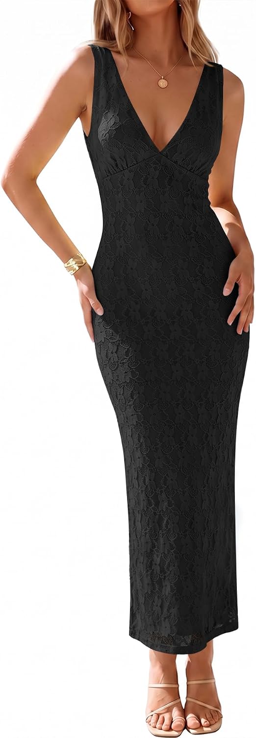 Muchpow Womens Sexy V Neck Bodycon Cocktail Lace Maxi Dress | Lined, Flattering Elegant Formal Mesh Sleeveless Wedding Guest Homecoming Party Long Dresses