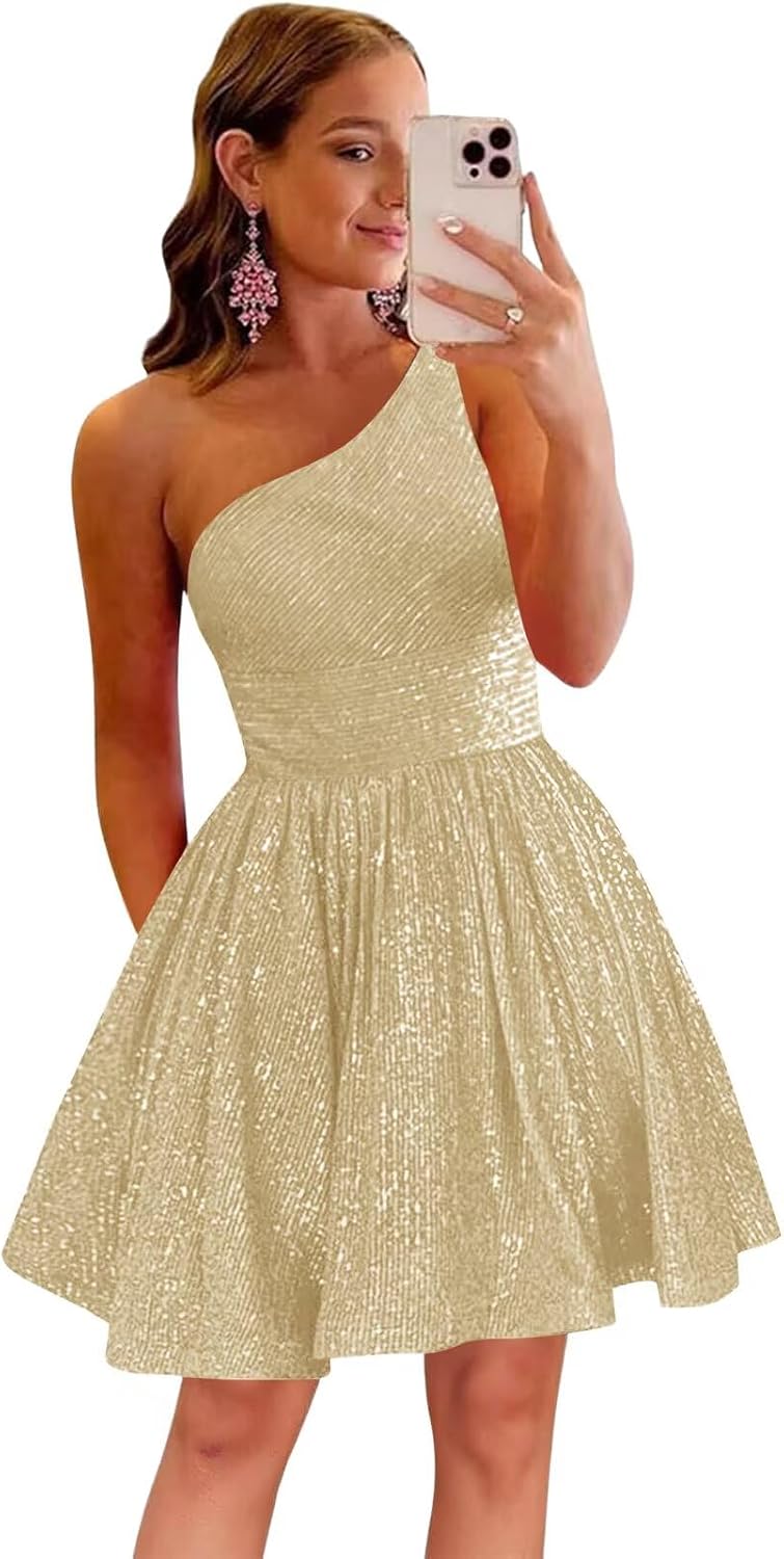 MstinGcc One Shoulder Sequin Sparkly Short Homecoming Dress for Teens 2026 | Glitter HOCO Dresses for Womens A-Line Prom Cocktail Party Dress Backless Sleeveless Corset Mini Gowns