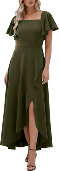 LightlyKiss Women's Square Neck Backless Midi Dress High Slit Wedding Guest Dress Formal Cocktail Party Dress