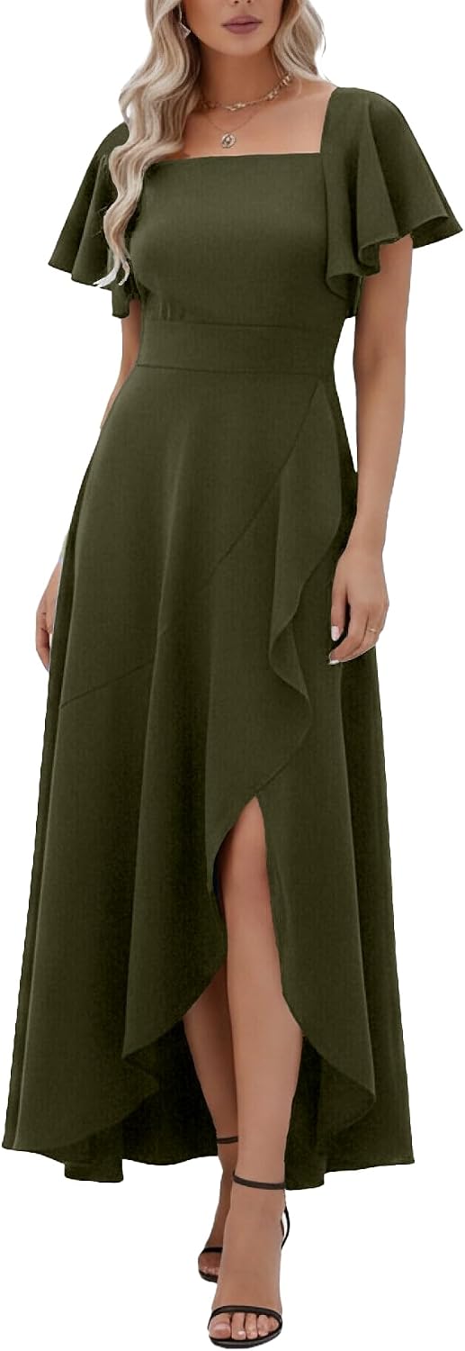 LightlyKiss Women's Square Neck Backless Midi Dress High Slit Wedding Guest Dress Formal Cocktail Party Dress