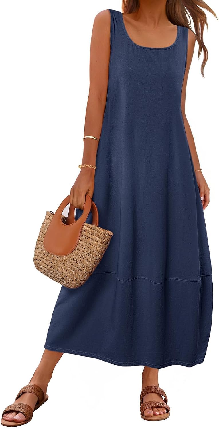 MEROKEETY Women's Summer Sleeveless Maxi Dress Beach Sundress | Casual Scoop Neck Tank Dress, Cotton, Boho Vacation, Loose Fit, Side Pockets, A-Line, Floral Long Dress, Spring Outfits