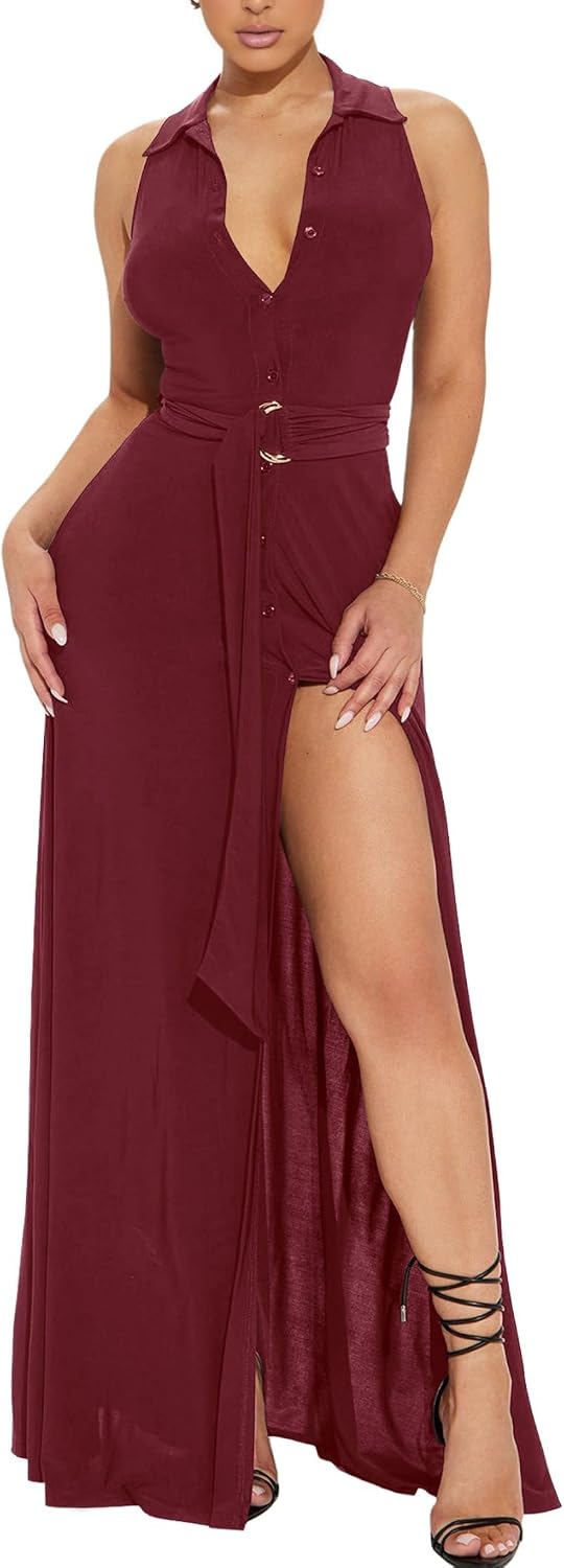 Ekaliy Women's Long Dresses Deep V Neck Cocktail Formal Party Maxi Dress | Collared V Neck Sleeveless Split Button down Belted Dress,Stretchy Bodycon Fit for Wedding Party Evening Events