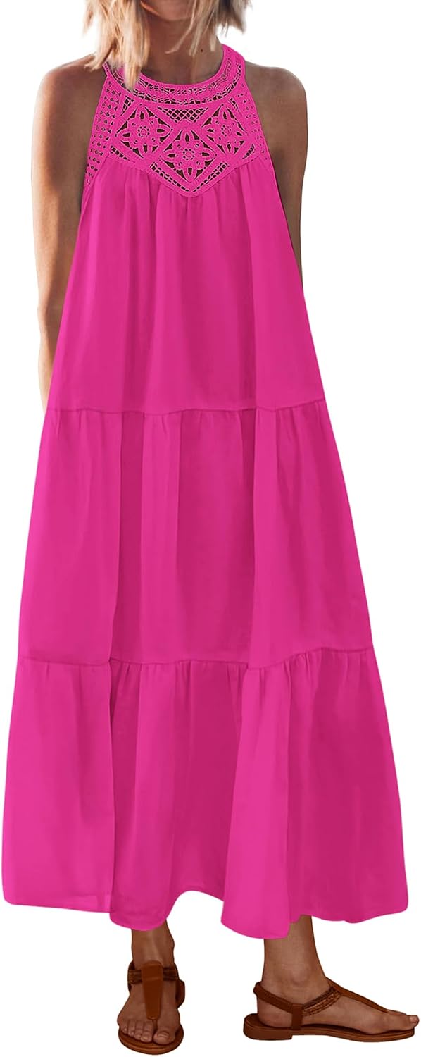 BTFBM Halter Dresses for Women Boho Maxi Sundresses | Hollow Out Sleeveless Tiered Summer Dress With Pocket, Button Keyhole Back, Loose Casual Beach Vacation Clothes, Spring 2026
