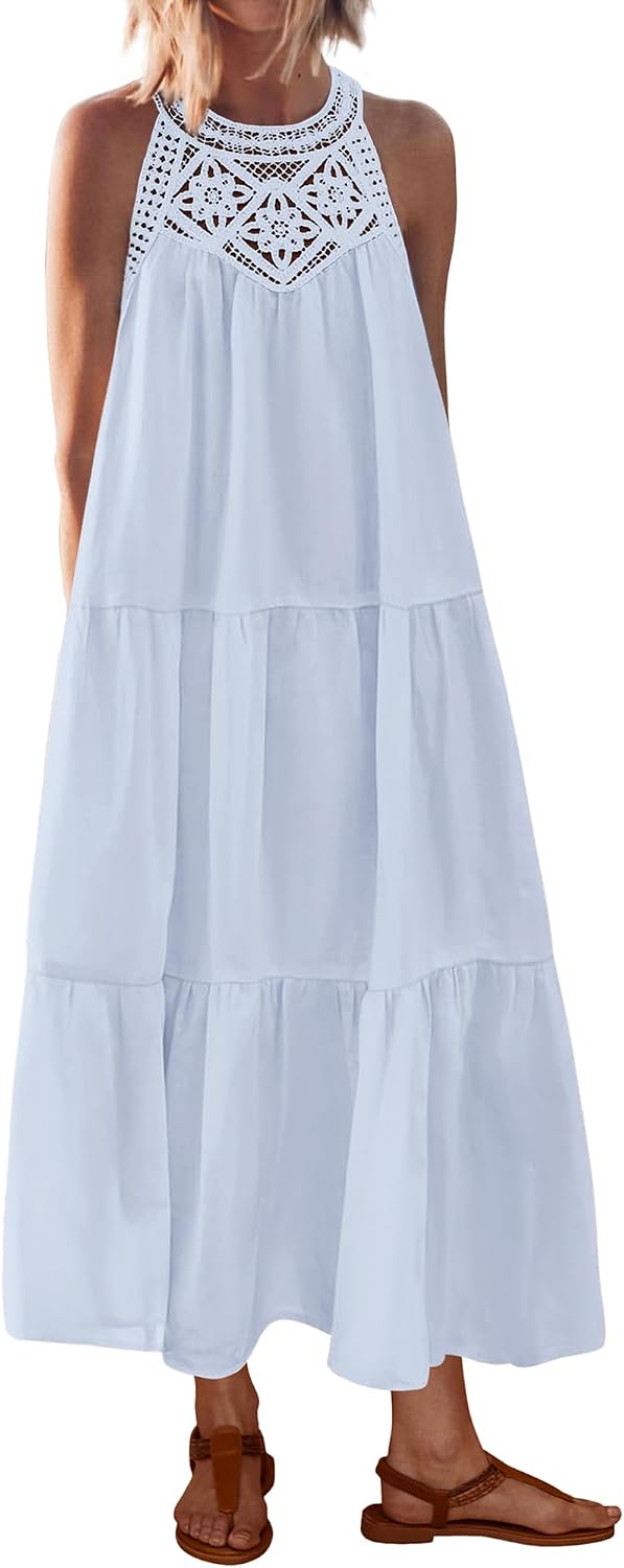 BTFBM Halter Dresses for Women Boho Maxi Sundresses | Hollow Out Sleeveless Tiered Summer Dress With Pocket, Button Keyhole Back, Loose Casual Beach Vacation Clothes, Spring 2026
