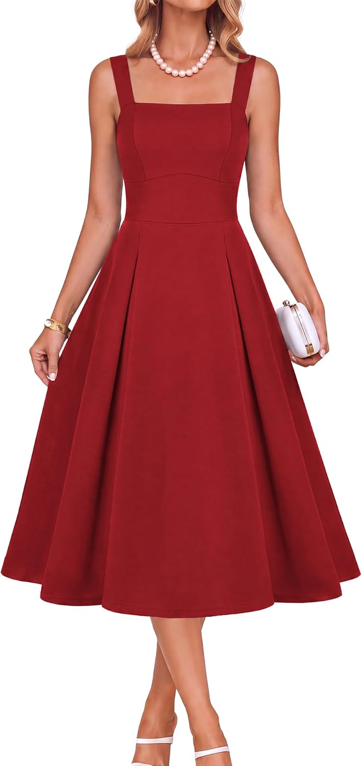Belle Poque Womens Midi Dress Square Neck Wedding Guest Dresses | A Line, Pockets, Pleated, Fit and Flare, Semi Formal Elegant Dress for Cocktail, Party, Birthday, Date Night, Holiday