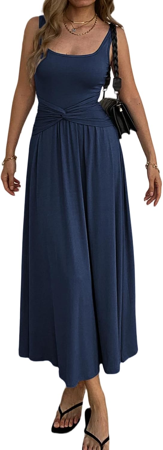 Mieazom Women's Summer Mock Knot Front Maxi Dress Sleeveless Square Neck Corset Ruched Waist Emipre Flowly Casual Dresses