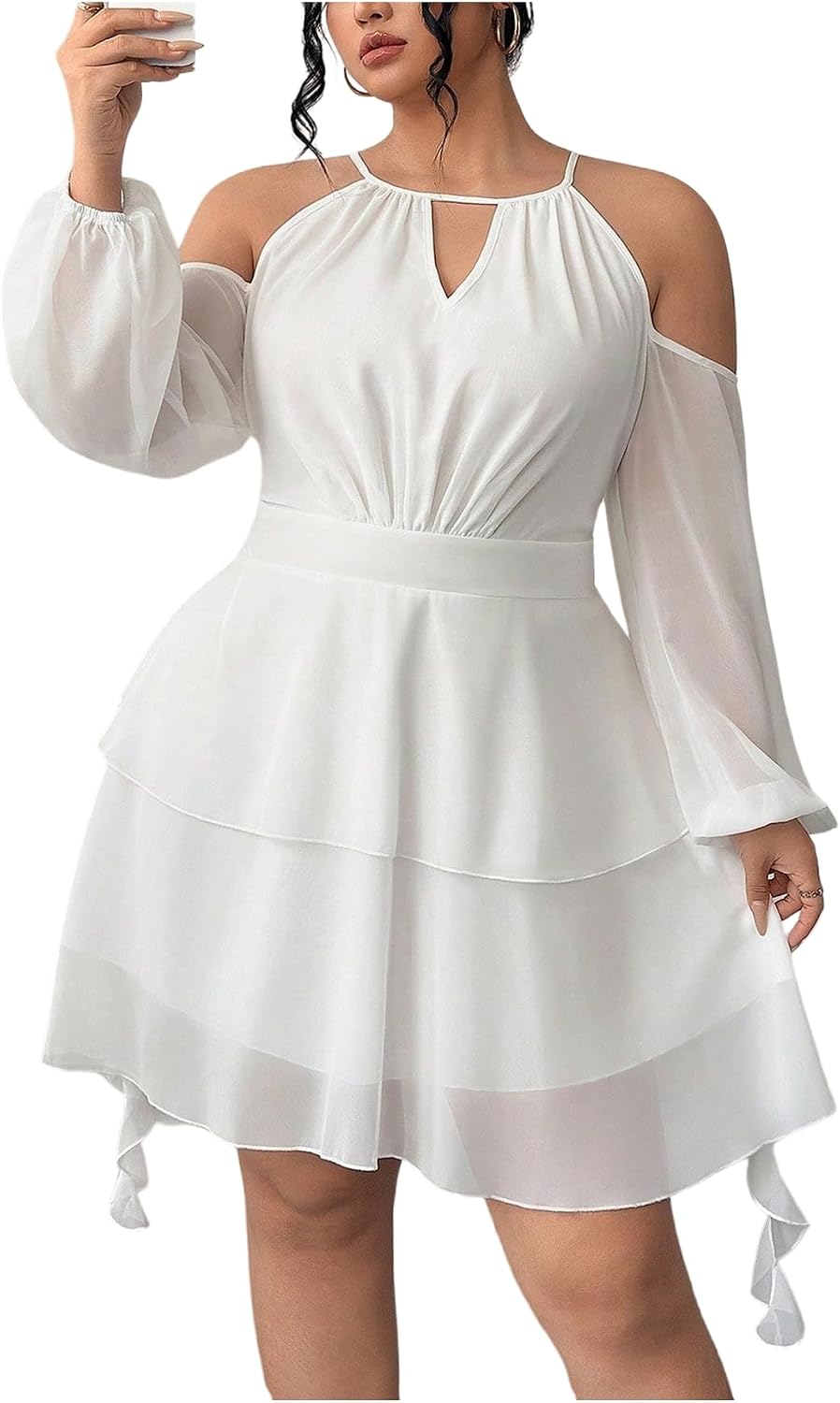 WDIRARA Women's Plus Size Cold Shoulder Layered Mesh Ruffle Short Dress | Long Lantern Sleeve, Flowy Dresses