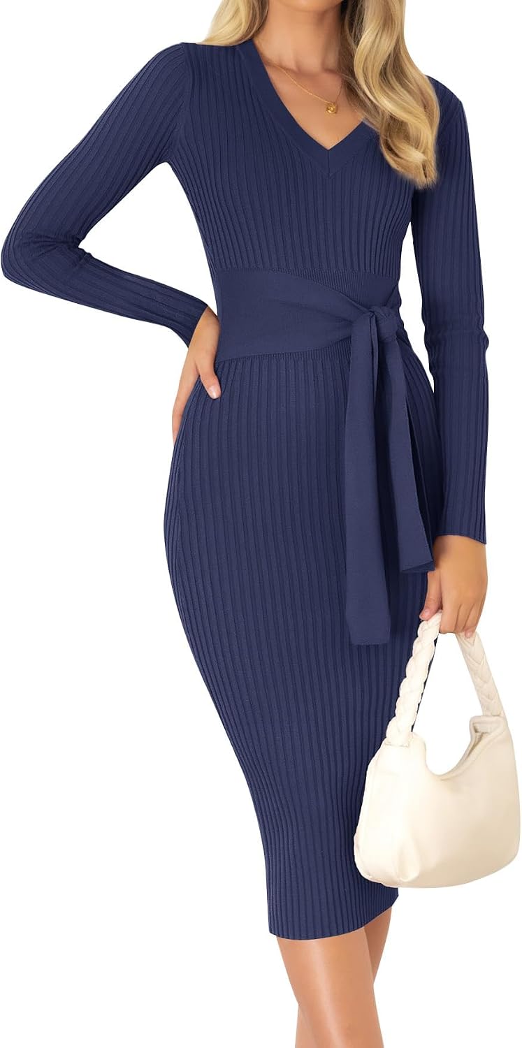 ZESICA Women's 2026 Fall Long Sleeve Bodycon Midi Sweater Dress | Winter Dresses, V Neck, Slimming, Ribbed Knit, Tie Waist, Classy, Holiday, Maternity, Elegant Wedding Guest Formal Dress