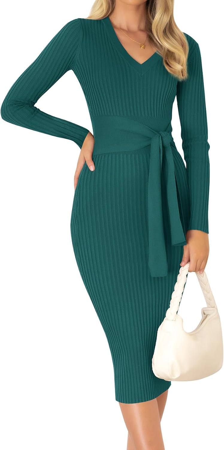 ZESICA Women's 2026 Fall Long Sleeve Bodycon Midi Sweater Dress | Winter Dresses, V Neck, Slimming, Ribbed Knit, Tie Waist, Classy, Holiday, Maternity, Elegant Wedding Guest Formal Dress