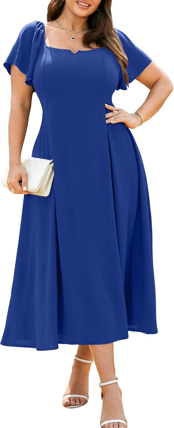 RWJ Plus Size Dresses for Women Wedding Guest Cocktail Summer Maxi Dress | Gowns Evening Party Formal Dresses, Elegant Square V Neck, Short Sleeve Off Shoulder, Pleated Empire Waist Dress with Pockets