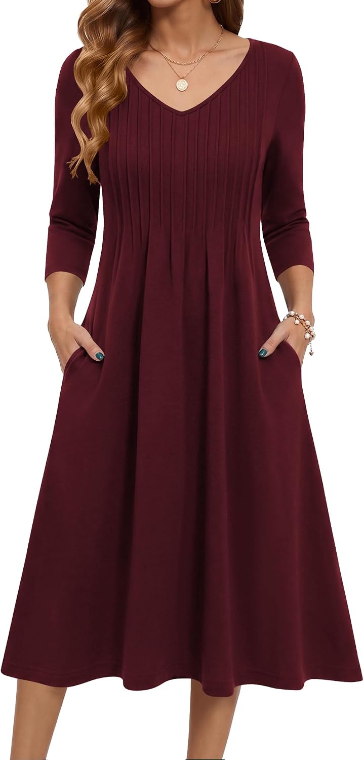 Zeagoo 3\/4 Sleeve Women's Dress Pleated Midi Casual Dresses with Pockets | For A More Flattering Fit, We Recommend Choosing One Size Smaller And Pairing It With Your Own Belt For Decoration.