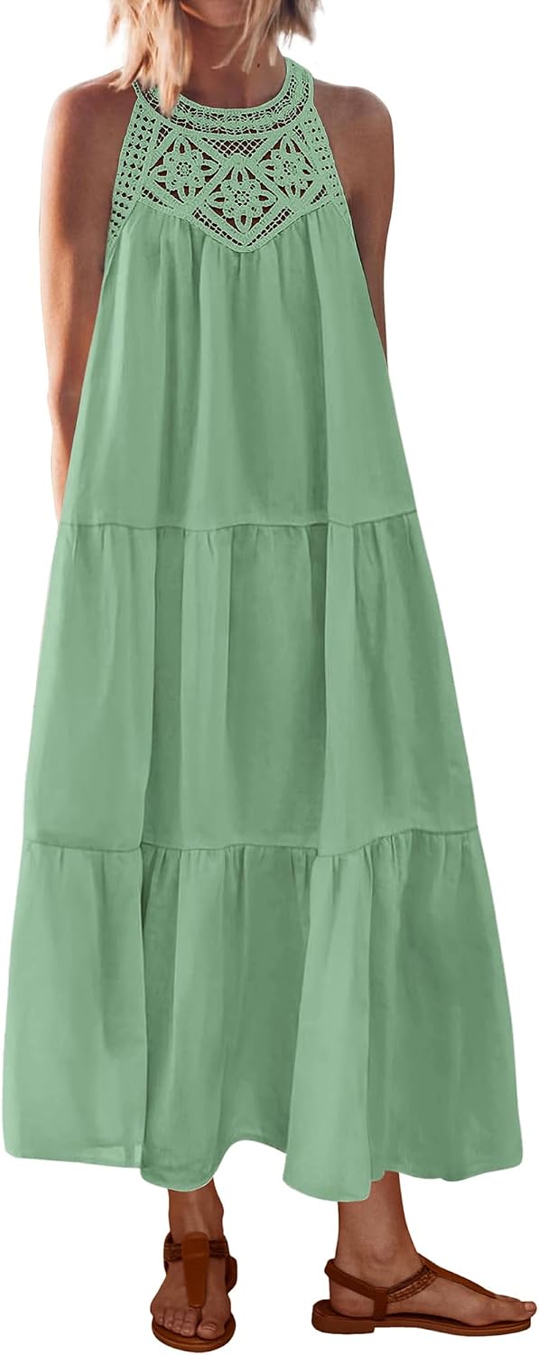 BTFBM Halter Dresses for Women Boho Maxi Sundresses | Hollow Out Sleeveless Tiered Summer Dress With Pocket, Button Keyhole Back, Loose Casual Beach Vacation Clothes, Spring 2026