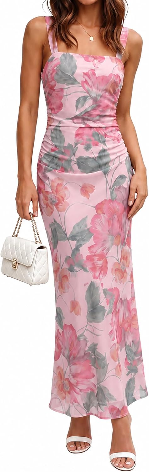 PeoKia Women's Elegant Mesh Ruched Floral Maxi Wedding Guest Dress | Square Neck,Stretch,Bodycon,Fishtail,Tank Strap,Fitted,Bridal Shower,Baby Shower,Cocktail,Party,Dinner,Vacation,Long Dress