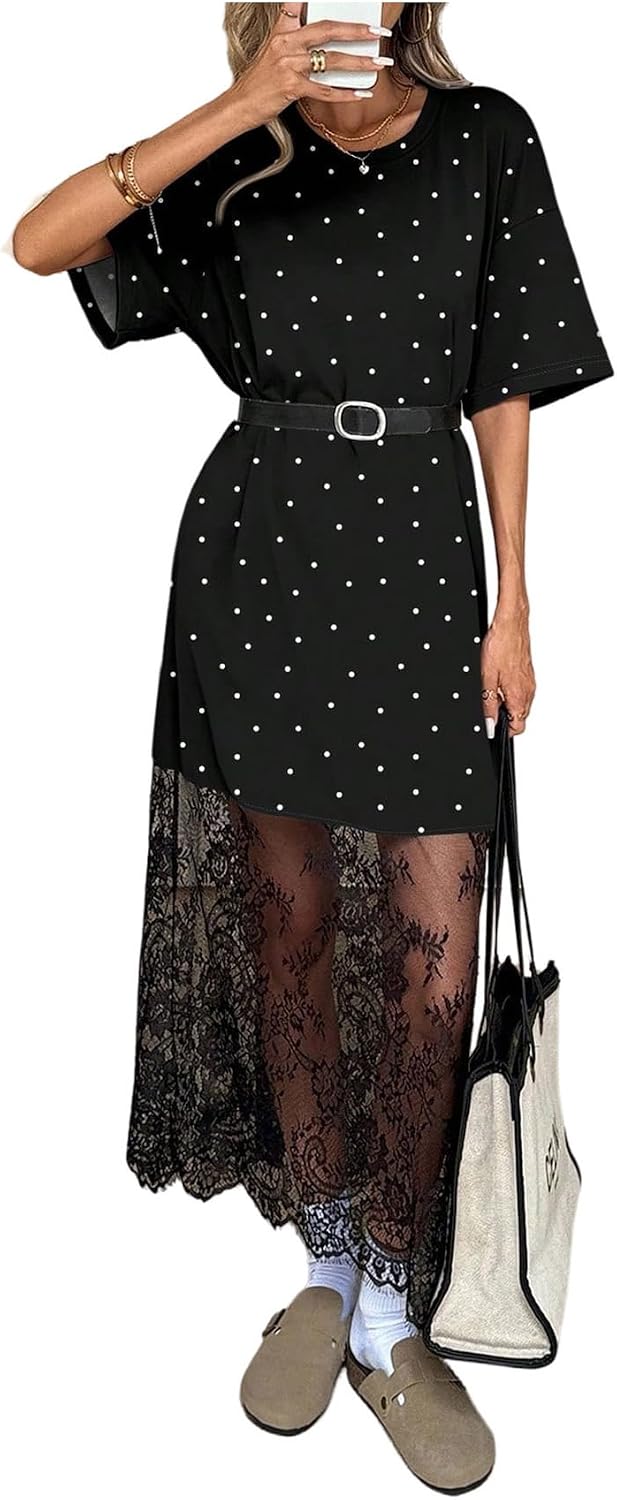 GORGLITTER Women's Lace Maxi Dress Boho Short Sleeve Concert Tshirt Dresses | Oversized Casual Lace Overlay Dress, Birthday Festival Vacation Cocktail, Going Out Outfits