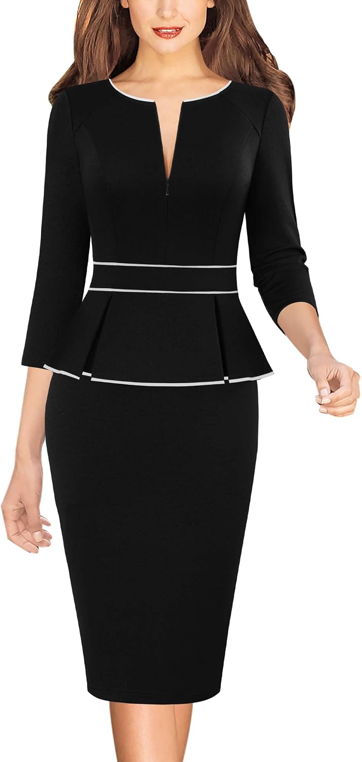 VFSHOW Womens Work Business Office Front Zipper Peplum Church Sheath Dress | 3\/4 Sleeves, Elegant, Spring Fall, Church, Funeral, Slimming Fitted Bodycon Dresses