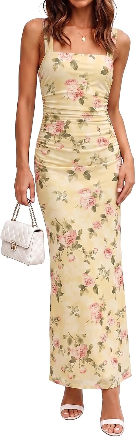 PeoKia Women's Elegant Mesh Ruched Floral Maxi Wedding Guest Dress | Square Neck,Stretch,Bodycon,Fishtail,Tank Strap,Fitted,Bridal Shower,Baby Shower,Cocktail,Party,Dinner,Vacation,Long Dress