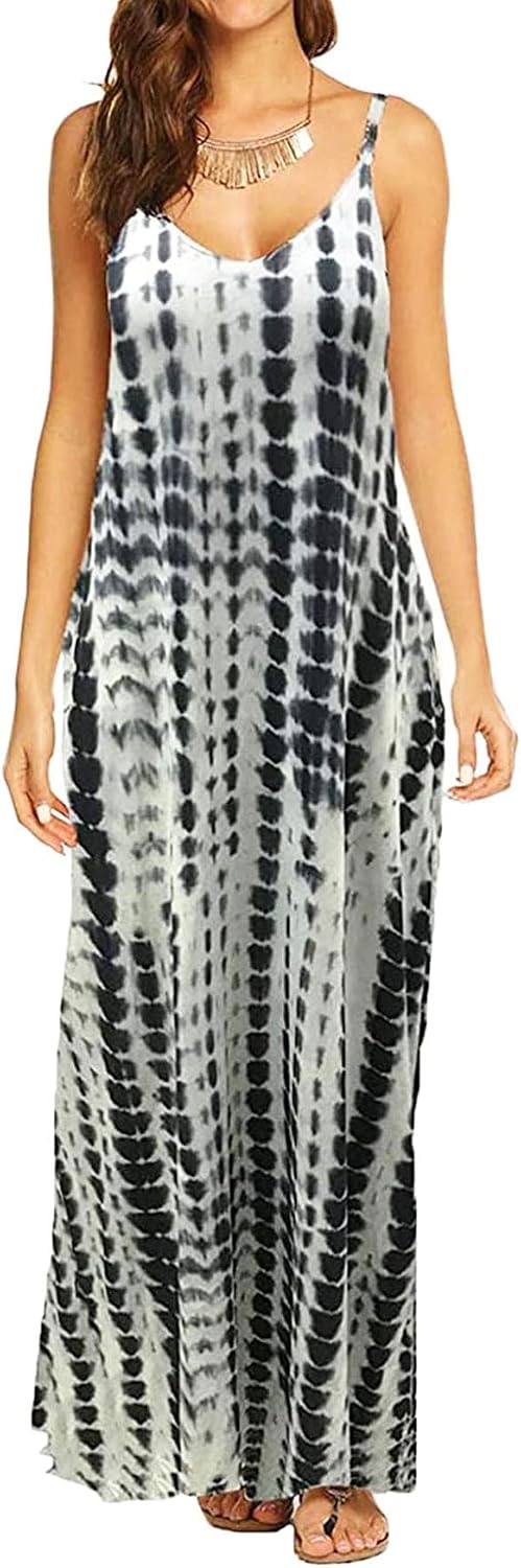 Supnier Women's Summer Spaghetti Strap V-Neck Bohemian Long Maxi Dress | Casual Loose Sleeveless Flowy Floral Long Maxi Dress with Pockets Beach Vacation Sundress