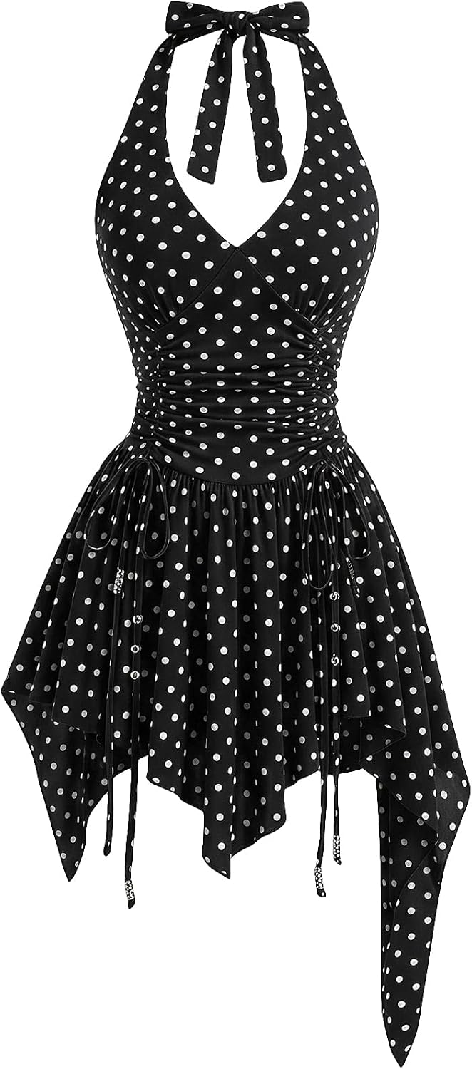 WDIRARA Women's Western Goth Halter Mini Dress Punk Ruched A Line Dresses | Cowgirl Country Concert Rodeo Dress,Asymmetrical,Beaded,Sleeveless, Ruffle,Halloween OutFit