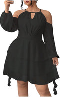 WDIRARA Women's Plus Size Cold Shoulder Layered Mesh Ruffle Short Dress | Long Lantern Sleeve, Flowy Dresses