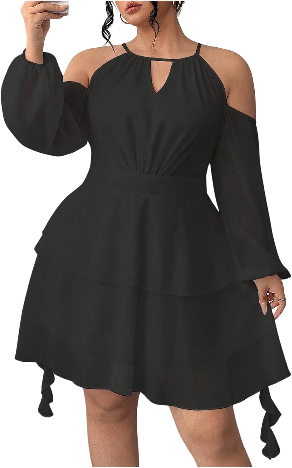 WDIRARA Women's Plus Size Cold Shoulder Layered Mesh Ruffle Short Dress | Long Lantern Sleeve, Flowy Dresses