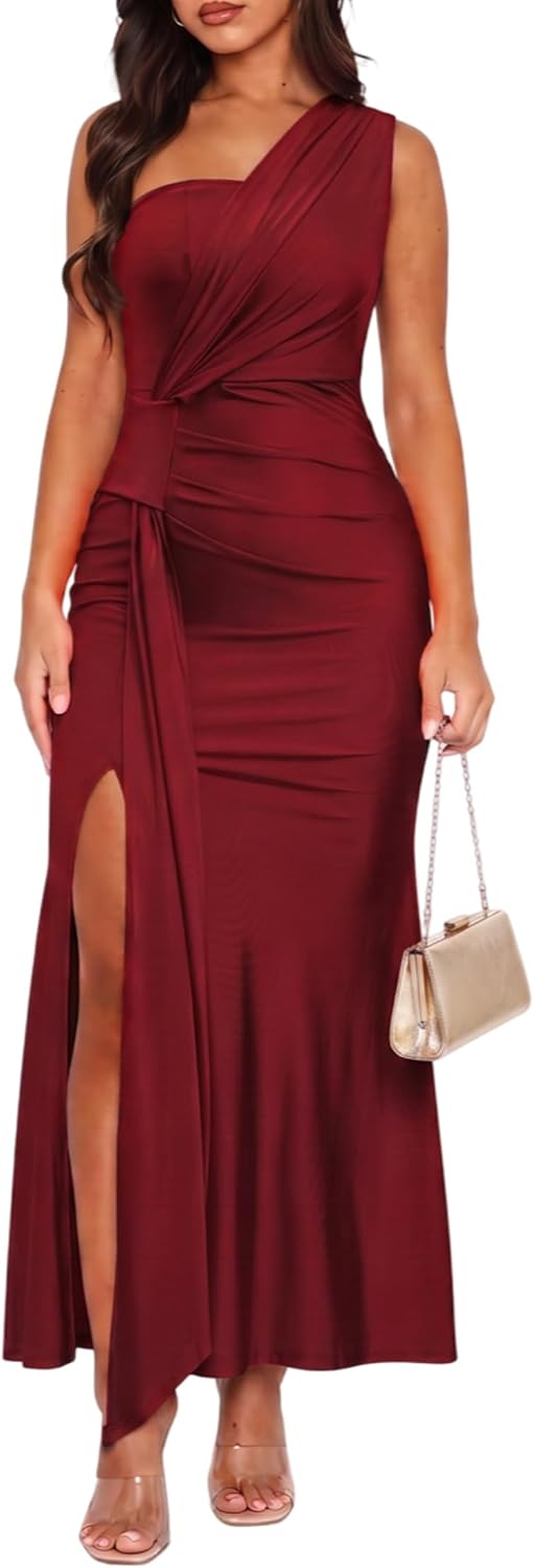 Ekaliy Womens Elegant Sleeveless Bodycon Wedding Guest Formal Maxi Dress | Stretchy, Soft and Premium Fabric, One Shoulder, Mermaid Hem Long Dresses, Perfect for Cocktail, Party and Birthday.
