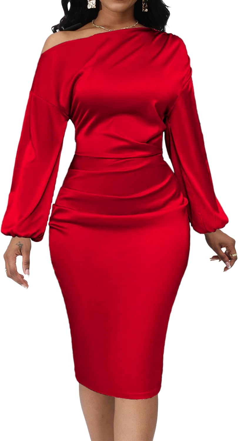 Yiershu Women's Fall Off Shoulder Bodycon Dress Elegant Long Sleeve | Formal Cocktail Party Midi Maxi Dresses for Women Weekend Holiday Club Wedding