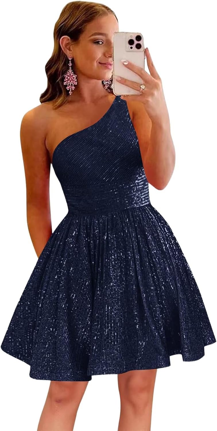 MstinGcc One Shoulder Sequin Sparkly Short Homecoming Dress for Teens 2026 | Glitter HOCO Dresses for Womens A-Line Prom Cocktail Party Dress Backless Sleeveless Corset Mini Gowns