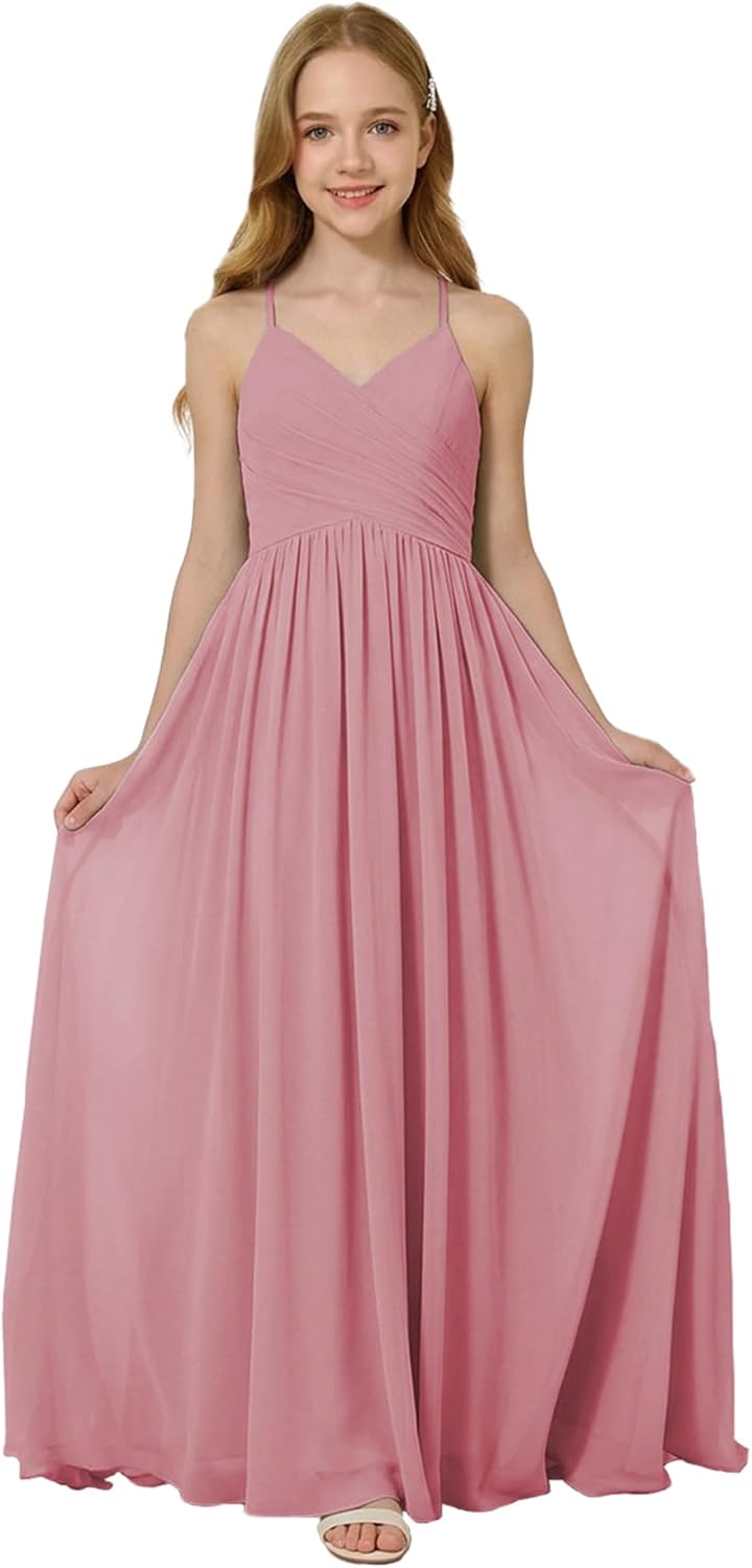 Oittuye Girls Halter Formal Dress V Neck Ruched Junior Bridesmaid Dress Floor Length Chiffon Wedding Guest Maxi Gown