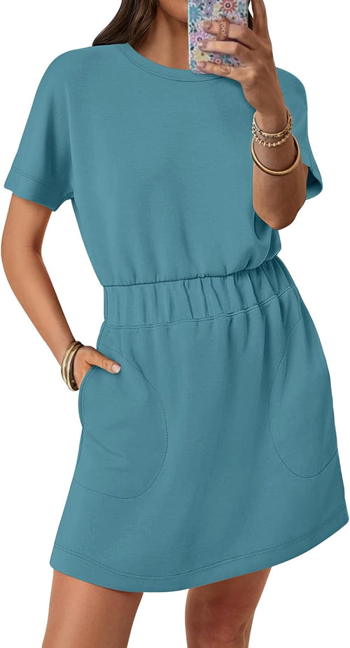 ANRABESS Womens Wrinkle Free Summer Casual Short Sleeve Mini T Shirt Dress | Air Layer Fabric, Crew Neck Elastic Waist Shirt Dresses with Pockets，Spring Daily Wear & Travel Vacation Outfits