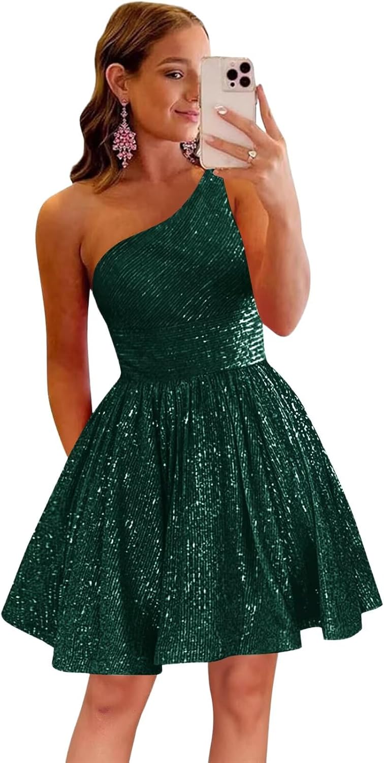 MstinGcc One Shoulder Sequin Sparkly Short Homecoming Dress for Teens 2026 | Glitter HOCO Dresses for Womens A-Line Prom Cocktail Party Dress Backless Sleeveless Corset Mini Gowns