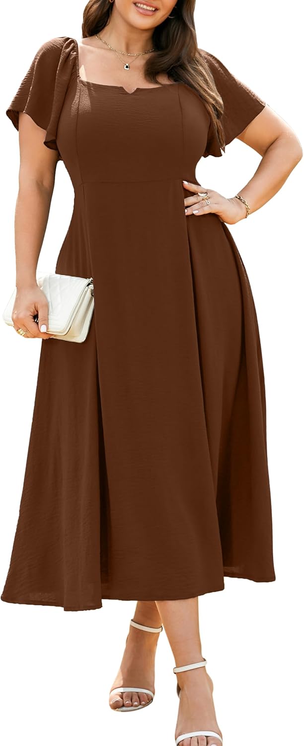 RWJ Plus Size Dresses for Women Wedding Guest Cocktail Summer Maxi Dress | Gowns Evening Party Formal Dresses, Elegant Square V Neck, Short Sleeve Off Shoulder, Pleated Empire Waist Dress with Pockets