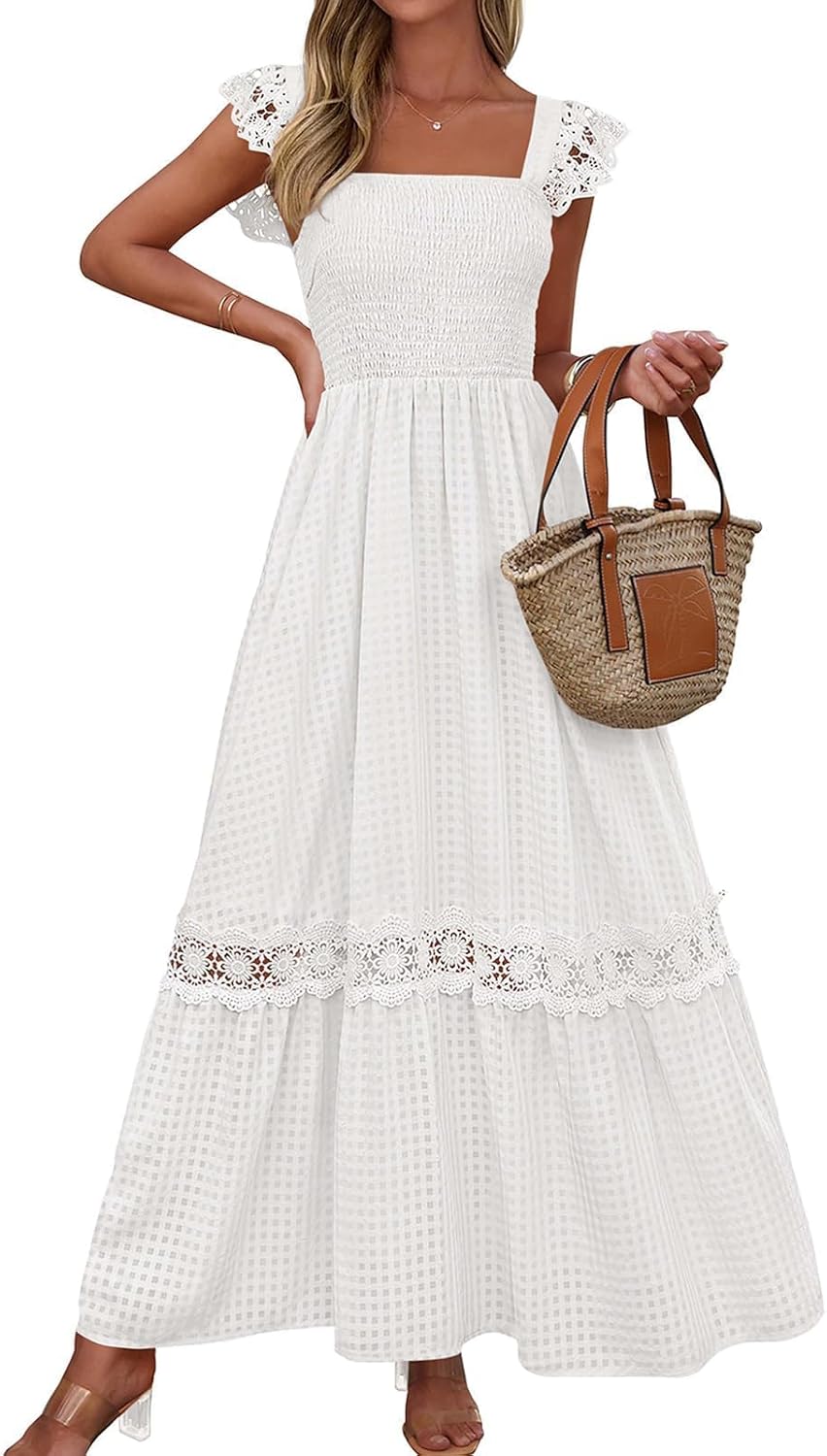 PRETTYGARDEN Women's Smocked Summer Maxi Dresses 2026 Ruffle Cap Sleeve Square Neck Lace Detail Flowy Sundress with Pockets