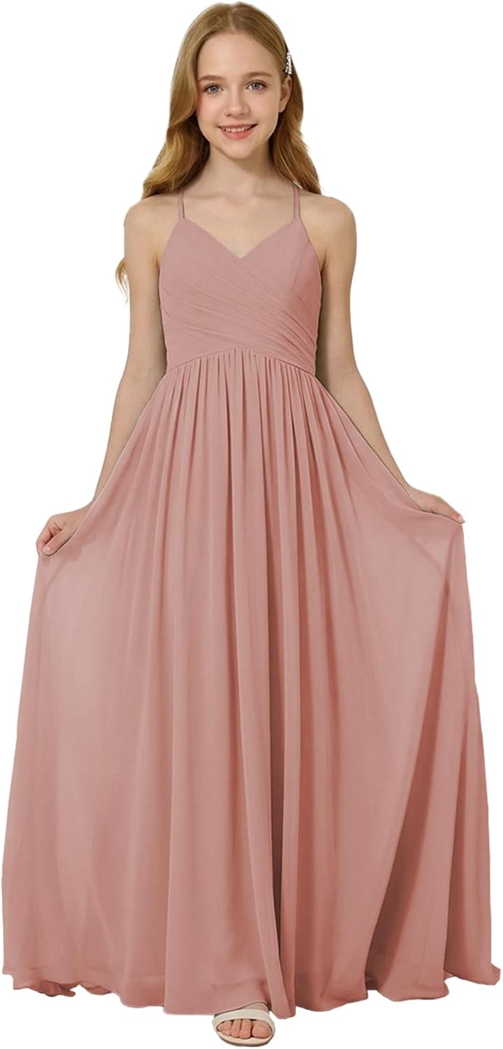 Oittuye Girls Halter Formal Dress V Neck Ruched Junior Bridesmaid Dress Floor Length Chiffon Wedding Guest Maxi Gown