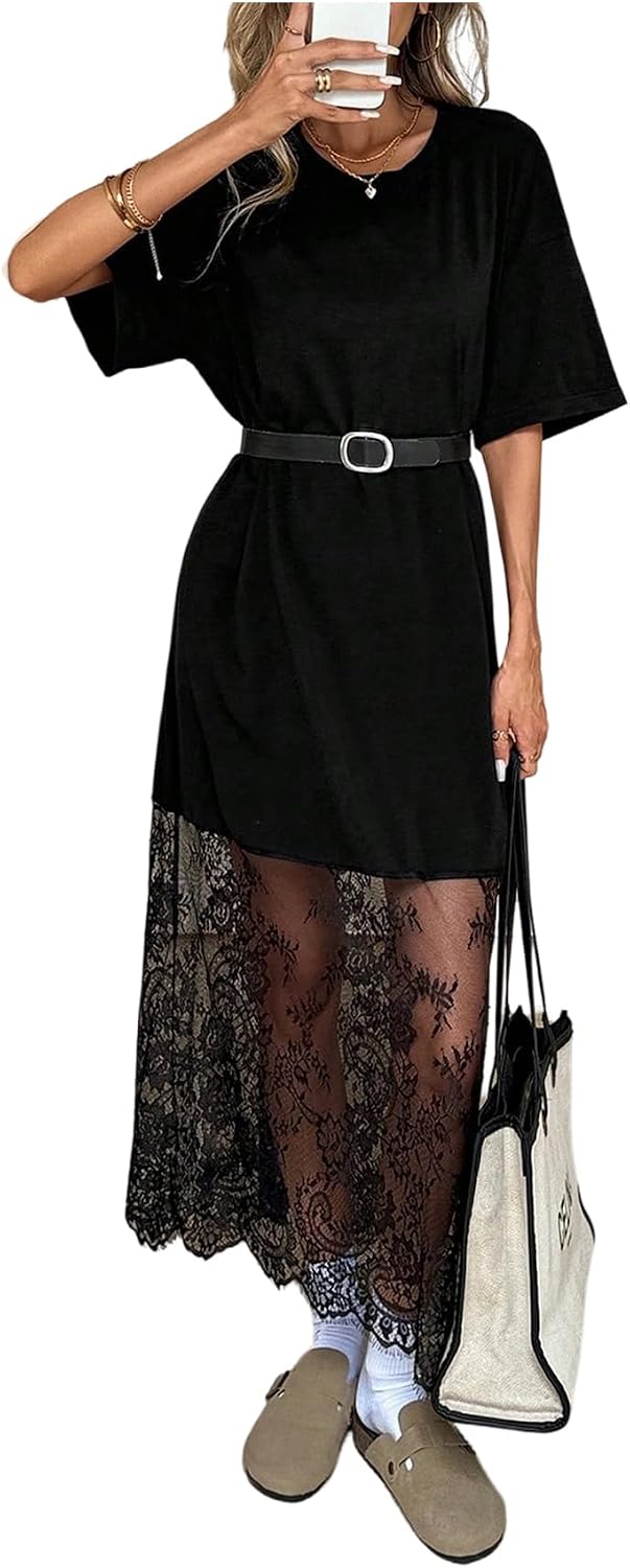 GORGLITTER Women's Lace Maxi Dress Boho Short Sleeve Concert Tshirt Dresses | Oversized Casual Lace Overlay Dress, Birthday Festival Vacation Cocktail, Going Out Outfits