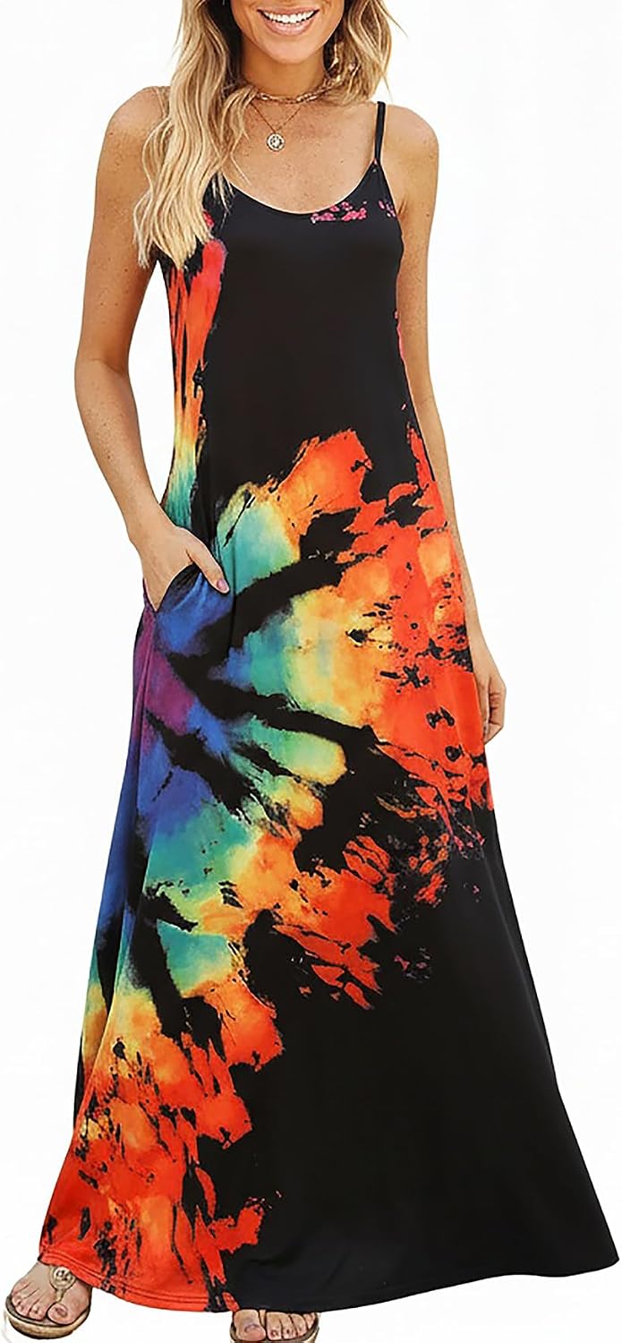 Supnier Women's Summer Spaghetti Strap V-Neck Bohemian Long Maxi Dress | Casual Loose Sleeveless Flowy Floral Long Maxi Dress with Pockets Beach Vacation Sundress