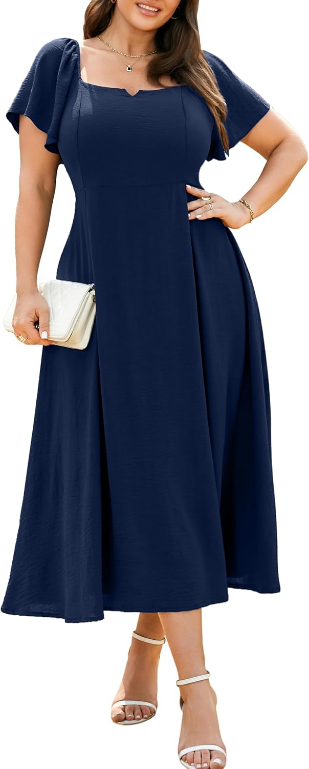 RWJ Plus Size Dresses for Women Wedding Guest Cocktail Summer Maxi Dress | Gowns Evening Party Formal Dresses, Elegant Square V Neck, Short Sleeve Off Shoulder, Pleated Empire Waist Dress with Pockets