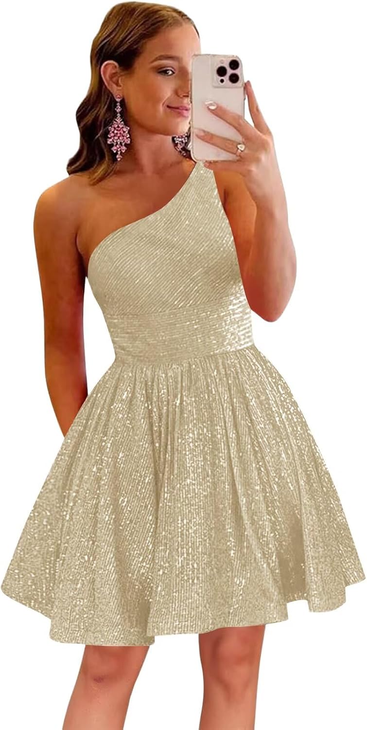 MstinGcc One Shoulder Sequin Sparkly Short Homecoming Dress for Teens 2026 | Glitter HOCO Dresses for Womens A-Line Prom Cocktail Party Dress Backless Sleeveless Corset Mini Gowns