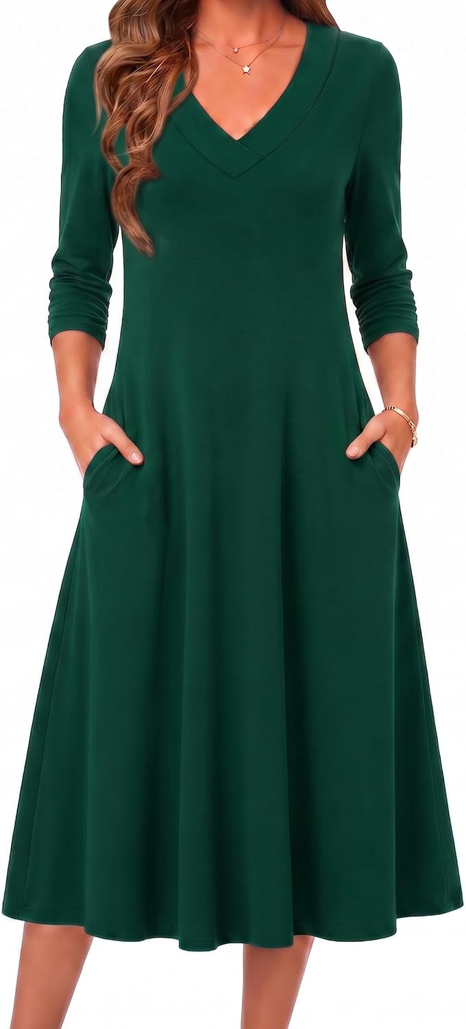 Zeagoo Dresses for Womens Long Sleeve Midi Dress Fall Casual A Line Dress | Fall Outfits 2026,V Neck Flare Dress with Pockets,Winter Long Dresses For Women,Floral Printed,Business Casual,Flowy Swing
