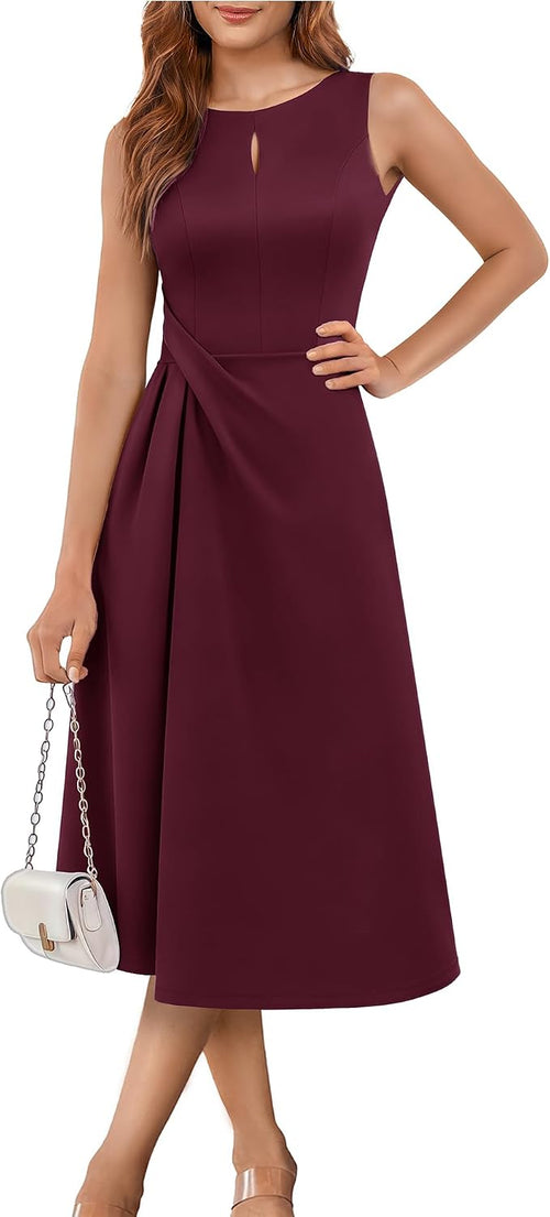 Aupuls Midi Wedding Guest Dresses for Women Formal Sleeveless Dress | Back V-neck, chest cut-out, ruched waist with A-line skirt that accentuates your waistline\u2014perfect for all formal occasions