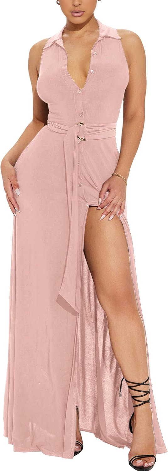 Ekaliy Women's Long Dresses Deep V Neck Cocktail Formal Party Maxi Dress | Collared V Neck Sleeveless Split Button down Belted Dress,Stretchy Bodycon Fit for Wedding Party Evening Events