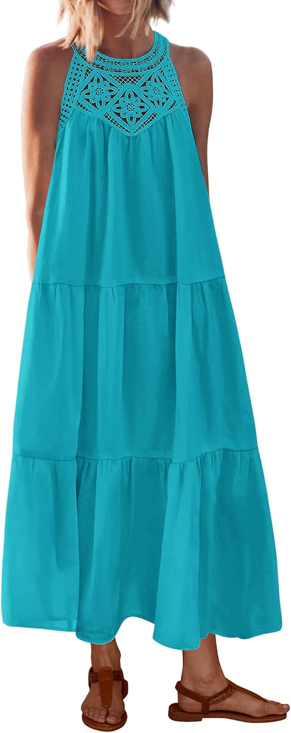 BTFBM Halter Dresses for Women Boho Maxi Sundresses | Hollow Out Sleeveless Tiered Summer Dress With Pocket, Button Keyhole Back, Loose Casual Beach Vacation Clothes, Spring 2026