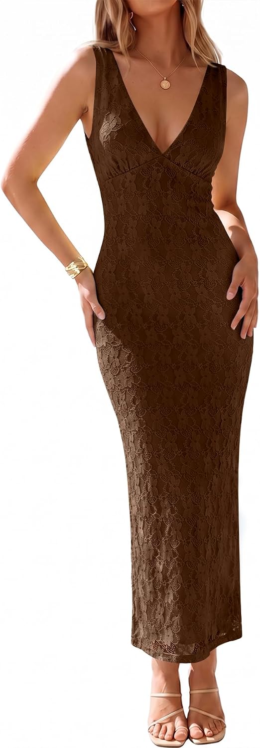Muchpow Womens Sexy V Neck Bodycon Cocktail Lace Maxi Dress | Lined, Flattering Elegant Formal Mesh Sleeveless Wedding Guest Homecoming Party Long Dresses