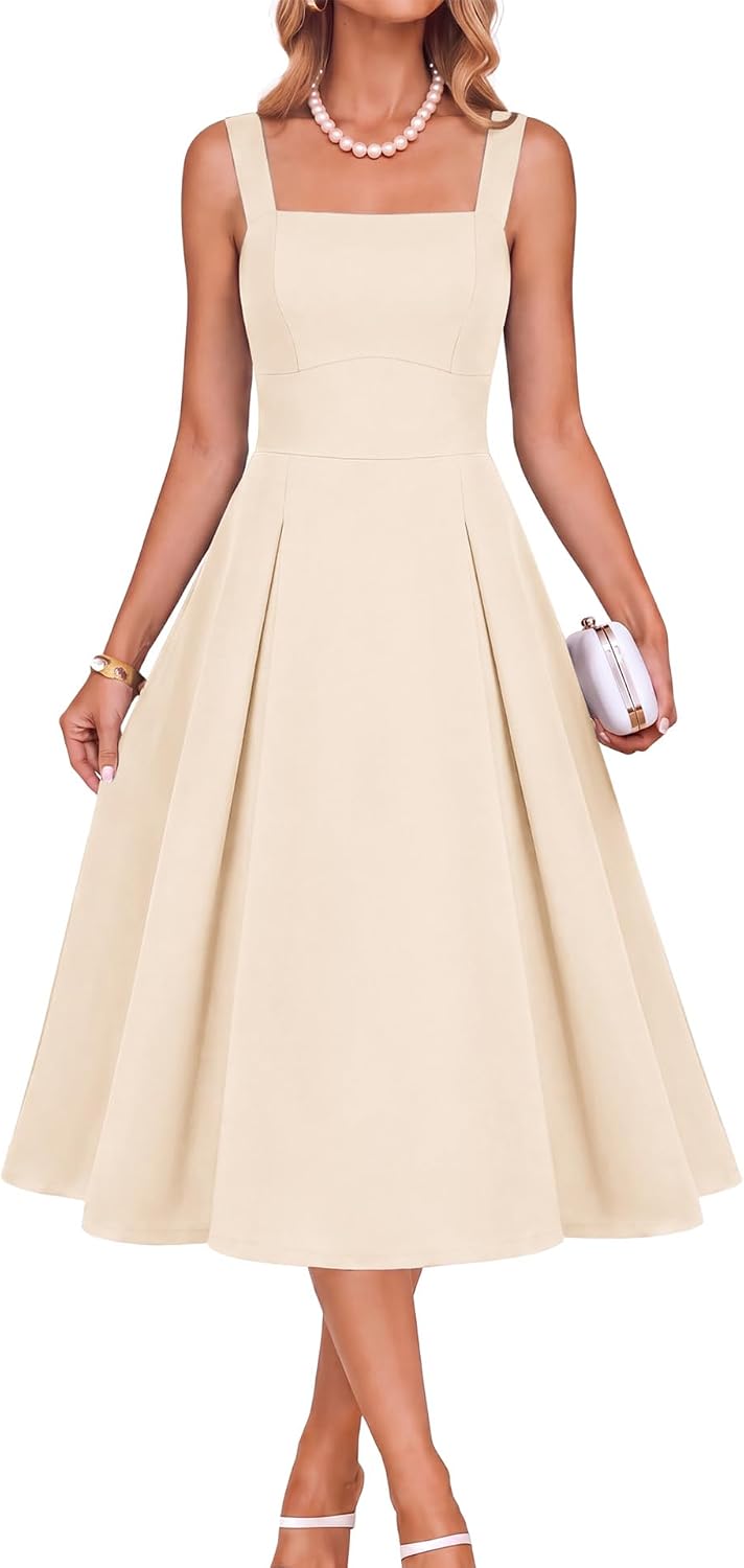 Belle Poque Womens Midi Dress Square Neck Wedding Guest Dresses | A Line, Pockets, Pleated, Fit and Flare, Semi Formal Elegant Dress for Cocktail, Party, Birthday, Date Night, Holiday