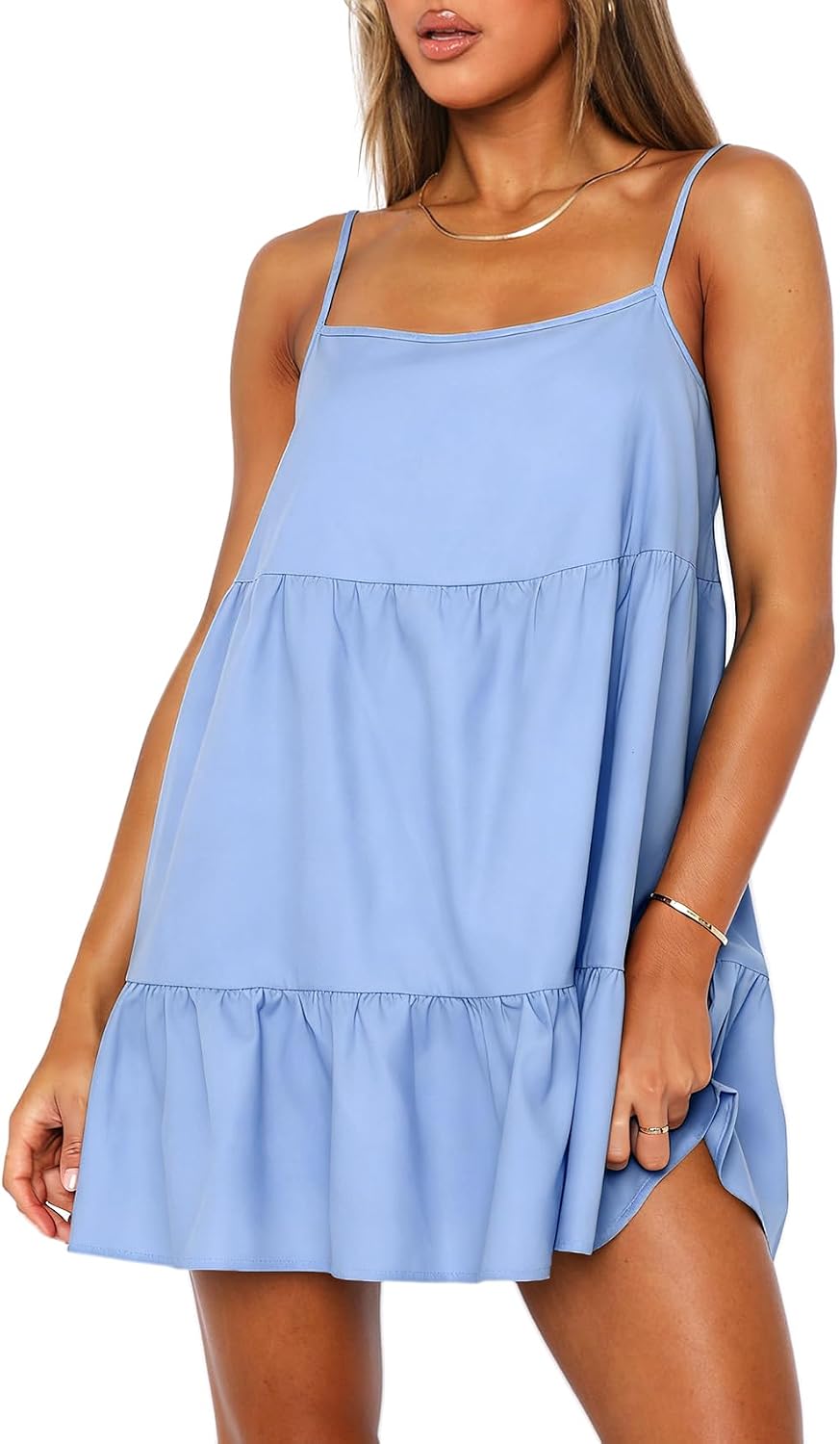 OZICERD Flowy Short Sundress Mini Babydoll Dresses for Women Going Out Tiered Ruffle Beach Spaghetti Strap Swing Dress Cute