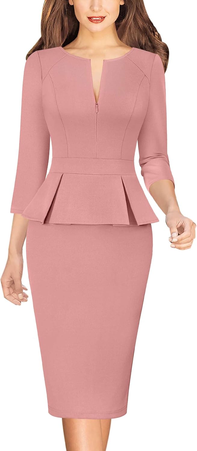 VFSHOW Womens Work Business Office Front Zipper Peplum Church Sheath Dress | 3\/4 Sleeves, Elegant, Spring Fall, Church, Funeral, Slimming Fitted Bodycon Dresses