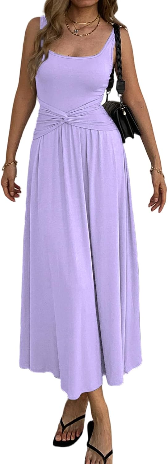 Mieazom Women's Summer Mock Knot Front Maxi Dress Sleeveless Square Neck Corset Ruched Waist Emipre Flowly Casual Dresses