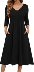 Zeagoo 3\/4 Sleeve Women's Dress Pleated Midi Casual Dresses with Pockets | For A More Flattering Fit, We Recommend Choosing One Size Smaller And Pairing It With Your Own Belt For Decoration.