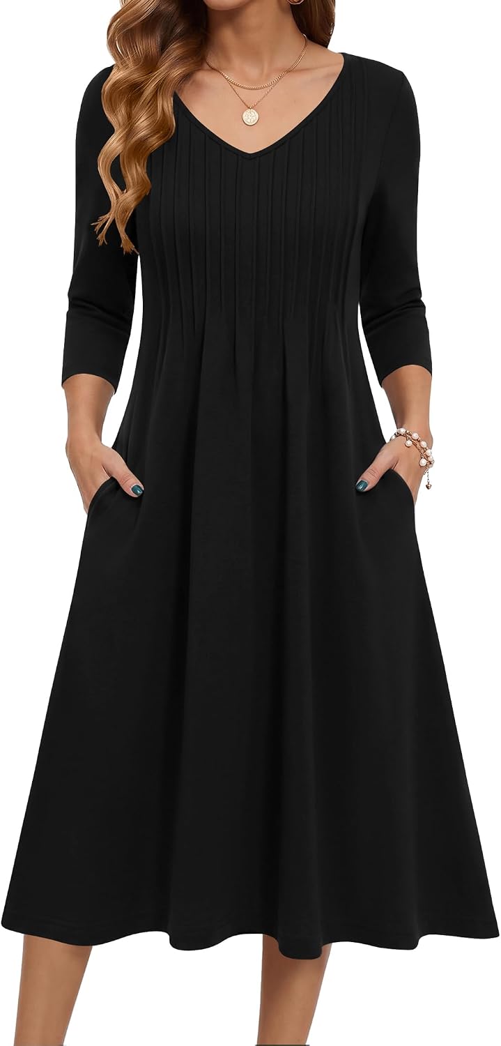 Zeagoo 3\/4 Sleeve Women's Dress Pleated Midi Casual Dresses with Pockets | For A More Flattering Fit, We Recommend Choosing One Size Smaller And Pairing It With Your Own Belt For Decoration.